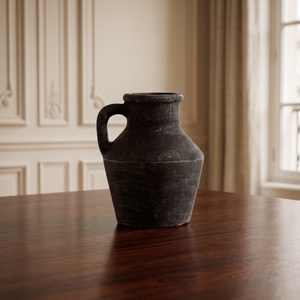 Primitive Charcoal Black <b>Ceramic</b> Pitcher <b>Vase</b> One Handle Textured Jar for Home Decoration - Product Image 2