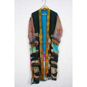 Kimono de seda para mujer, ropa de dormir, bata larga con estampado floral, estilo indio vintage, kimono de sari de seda reciclada y variada para mujer - Product Image 3