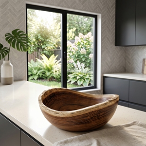 Bol à salade en bois de teck massif de qualité alimentaire, bord naturel, fait main, décor balinais haut de gamme, ustensile de cuisine antiadhésif résistant à la chaleur - Product Image 3