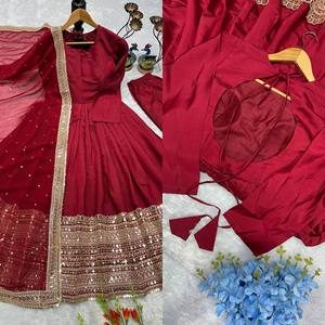 Kurti évasé pour femme en soie romaine avec broderie à la cordonnerie, manches longues, pantalon en crêpe naturel et dupatta en faux georgette - Product Image 4