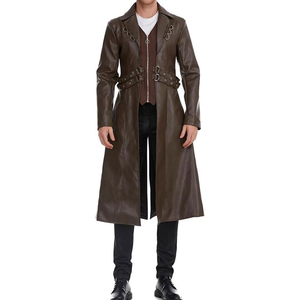 Manteau long en cuir véritable marron pour homme avec ceinture, col à revers et manches classiques - Product Image 1
