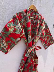 Bata de Baño Kimono de Algodón Floral para Mujer, Hecha a Mano con Estampado de Bloques, Estilo Boho, para Verano, Spa y Descanso, Regalo - Product Image 2