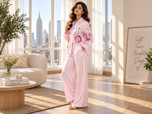 Ensemble de vêtements de détente en satin à imprimé floral pour femmes, pantalon de pyjama à manches longues boutonné, tenue de détente, vêtements de nuit, marque privée, grande unité - Product Image 3