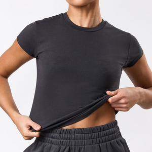 T-shirt décontracté pour femme, coupe ample, col rond, manches courtes, couleur unie, en coton et fibre de bambou, extensible, respirant, tricoté, longueur normale - Product Image 2