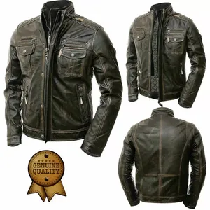 2026 Trending Men Genuine Leather Bomber Jacket Slim Fit Canvas Winter with Hooded Front Logo Design Manufacturer - Product Image 1