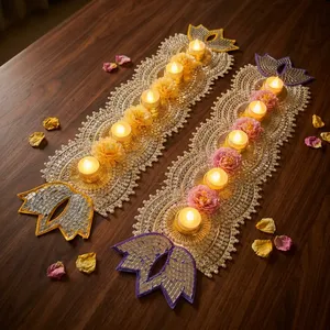 Tapis Rangoli élégant en argent avec bougies LED, décor rose et jaune pour mariage et décoration de festival - Product Image 4