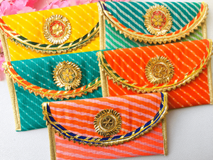 Beautiful Multicolor Handcrafted Handmade Leheriya Pattern Printed Poly-silk Fabric <b>Pouches</b> for Wedding Party, Hldi Favors - Product Image 3