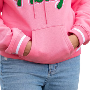 Sudadera con capucha rosa para chicas bonitas, sudadera universitaria unisex con letras griegas bordadas en chenilla, sudadera premium informal. - Product Image 4