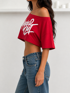 Custom Screen Print Graphic Off Shoulder Crop Top Oversized Cotton Y2K Summer women's shirt OEM Center Front Chest Personal Logo - Product Image 3