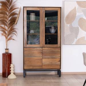 Buffet à façade vitrée style Vandana Autumn Tone, modèle Olonie en teck naturel, acacia et métal noir - Product Image 1