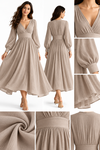 Robe midi vintage bohème en lin et coton tissé, col en V, manches cloche, coupe trapèze, taille haute, fluide, pour le quotidien - Product Image 5