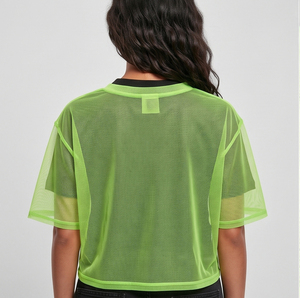 Camiseta de malla transparente para mujer, cuello redondo, manga corta, ajuste holgado, transpirable, camiseta transparente con hombros caídos - Product Image 5