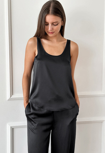 2026 New Black Satin Halter Top Trousers Comfortable Loose Home Wear Women Simple Casual Pajamas Spring <b>Machine</b> Embroidery - Product Image 2