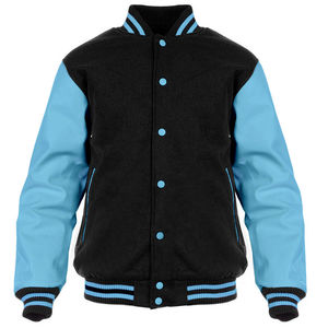 Unisex Premium Wool College Bomber <b>Jacket</b> Wholesale Varsity Letterman Hooded Front Stand Black Wool Body Sky Blue - Product Image 1