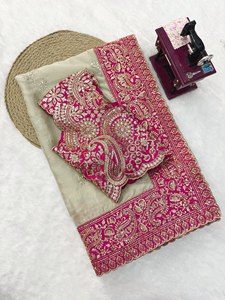 Sari en soie Reglance Royal Rangoli avec broderie lourde en fil et sequins, et chemisier assorti richement orné, pour occasions spéciales, séchage rapide - Product Image 1