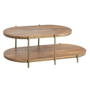 Ensemble de tables basses ovales industrielles modernes, finition dorée, avec plateau naturel, durables et écologiques, pour salon. - Product Image 2