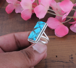 925 Sterling <b>Silver</b> Natural Blue Copper Amethyst Women's Classic Long Rectangle Matrix Stone Twisted Rope Border <b>Statement</b> <b>Ring</b> - Product Image 3