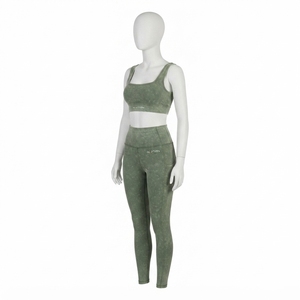 Conjunto de Yoga Verde Oliva para Mujer, Top Deportivo con Cuello Cuadrado y Lavado Ácido, Leggings Largos de Cintura Alta, Ropa Deportiva para Gimnasio y Fitness - Product Image 2