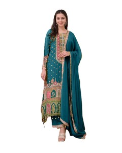Conjunto de Salwar Kameez de 3 Piezas para Mujer, Estilo Casual, Cuello Redondo, Spandex/Algodón, Secado Rápido - Product Image 1