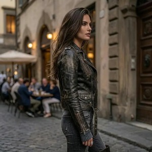 Chaqueta de Motociclista de Cuero Negro Desgastado Estilo Vintage para Mujer, Chaqueta de Moto de Cuero Genuino - Product Image 3