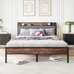 Struttura letto matrimoniale in metallo con testiera contenitore e stazione di ricarica, solida e stabile, silenziosa, non richiede rete a molle, facile da montare - Product Image 1