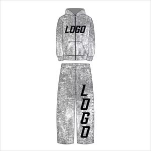 Streetwear Cotton French Terry Sweatpants and Zip up Drop Shoulder Hoodie Sweatsuit Designer Acid Wash Men's Tracksuit Set - Product Image 1
