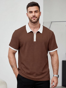 Men's Waffle Knit T-<b>Shirt</b>, Short Sleeve, <b>Zip</b> Collar <b>with</b> White Trim - Product Image 2