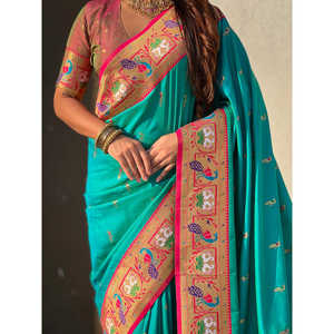 Sari en soie douce bleu aqua Elite Weaves Swan Rajhans Paithani, foulards et châles ethniques 650g - Product Image 2