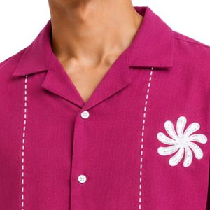 Chemise décontractée d'été pour homme à col cubain, manches courtes, broderie blanche, en coton et lin, boutonnée, style plage, couleur magenta - Product Image 5