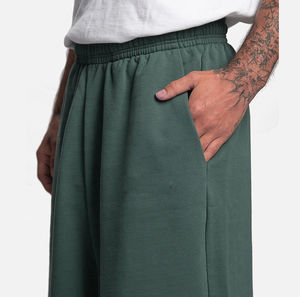 Wide Leg Fleece Pants Green Elastic Waist Loose Fit Casual Autumn Solid Color Right Leg Logo Full Length Knitted - Product Image 5