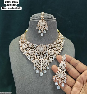 Elegant Rose Gold Finish <b>Floral</b> Cluster Statement Necklace Set Teardrop Tassel Bridal Wedding Jewelry Earrings And Mang Tika Set - Product Image 6