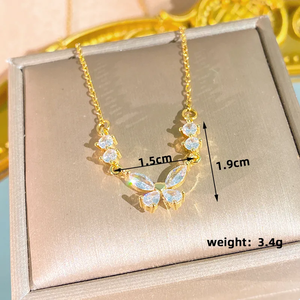Collier papillon pour femme en acier inoxydable 304 avec incrustation de zircon plaqué or 0,03 µm sur chaîne en câble - Product Image 3