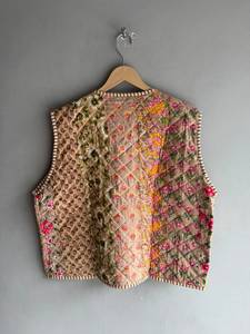 Gilet matelassé en coton floral pour femme, réversible, avec poches plaquées, col en V, sans manches, style automne, broderie main, CADEAU - Product Image 6