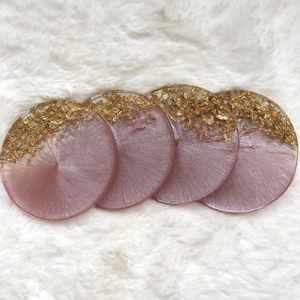 Champagne Beige Resin <b>Coaster</b> <b>Set</b> Gold Leaf Flakes Inlay Wave Edged Beverage Pad Table Top Protection Commercial Distributor - Product Image 3