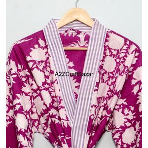 Robe kimono à col en V, 100% coton écologique, lavable, à cordon de serrage, imprimé floral, manches trois-quarts, séchage rapide - Product Image 4