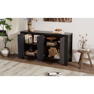 TREXM Retro credenza 4 porte con ripiani regolabili con finitura in difficoltà per pranzo cucina soggiorno (nero) - Product Image 6
