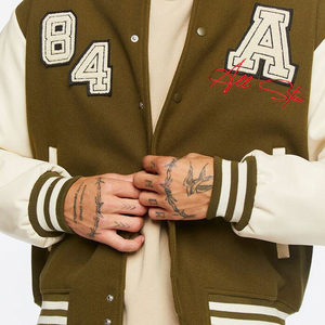 OEM Sportswear Wool Body Leather Sleeve Varsity Jacket Top Quality College Men's Olive Cream Reversible Winter Men's Jackets - Product Image 6
