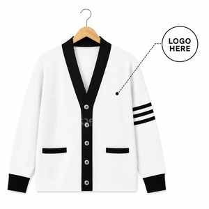 Cosh International - Cárdigan de Punto Blanco Personalizado con Logotipo para Mujer, Cuello en V, Manga Larga, Color en Contraste, Estilo Clásico, Botones en las Mangas - Product Image 1