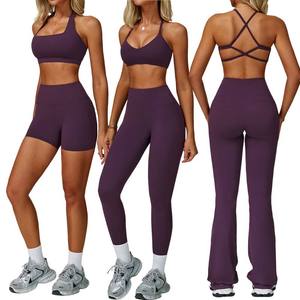 New Fashion Yoga Bra and Gym <b>Leggings</b> Shorts Set Custom logo Workout <b>Flare</b> <b>Leggings</b> Shorts Set for Women - Product Image 6