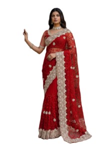 <b>Red</b> Embroidered Saree With Pearl Work For Wedding Women's Indian Ethnic Wear Traditional Floor Length Sari - Product Image 4