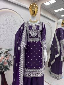 Ensemble Salwar Kameez en soie Fandy lourde, orné de pierres gaufrées violettes, pour femmes indiennes et pakistanaises, tenue de fête traditionnelle, robe de mariage - Product Image 4