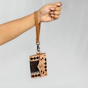 Porte-cartes vintage en cuir véritable avec motif géométrique, fermeture à bouton, sangle unique, unisexe, portable, usage quotidien - Product Image 1
