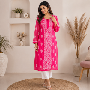Kurti indien tendance en georgette Chikankari - Robe longue ethnique rose à fleurs brodées pour femmes - Product Image 1