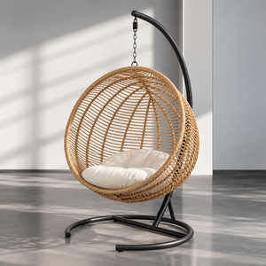 Fauteuil suspendu en rotin en forme d'œuf avec support en acier et coussin pour l'extérieur, patio, jardin, meubles - Product Image 1