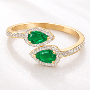 แหวนมรกตทองคำเหลืองสำหรับผู้หญิง ประดับเพชรแบบฝังเพชร แหวนหมั้นอัญมณีหรูหรา รูปทรงหยดน้ำ - Product Image 4