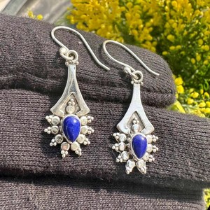 Boucles d'oreilles pendantes en lapis-lazuli faites à la main, argent sterling 925, pierres précieuses naturelles, bijoux cadeau pour femmes - Product Image 1