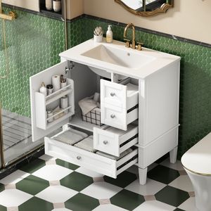 Mobile Bagno Moderno da 30 Pollici con 3 Cassetti, Lavabo in Ceramica Grigia, Struttura in Legno Massello e Armadietto Contenitore per Bagni Moderni - Product Image 3