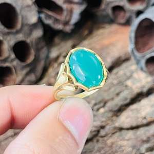 Bague Statement en Calcédoine, Laiton Plaqué Or 18K, Style Bohème, Bijoux Ethniques Tribaux, Certifiée par un tiers, Vente en gros - Product Image 1