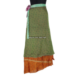 Indian Vintage 2 Layer Magic Hippie Sari Silk <b>Wrap</b> <b>Skirts</b> for Beach Wear 2 Layer Reversible Magic Silk Saris <b>Wrap</b> Long <b>Skirt</b> - Product Image 1