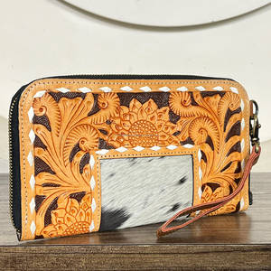 Wholesale Factory Price Tooled Floral Leather Women Clutches High Quality Cowhide Leather <b>Card</b> <b>Holder</b> Long Wallet Travel Purse - Product Image 5